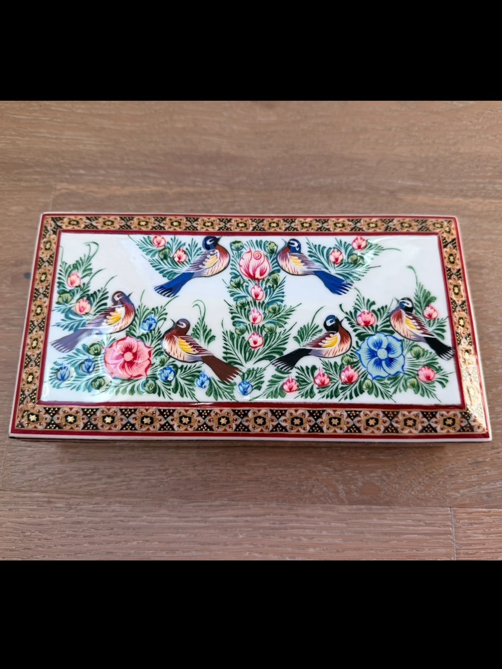 Hand-Painted Persian Khatam Box: Floral Bird Art Jewelry Box Brand New 💛💙